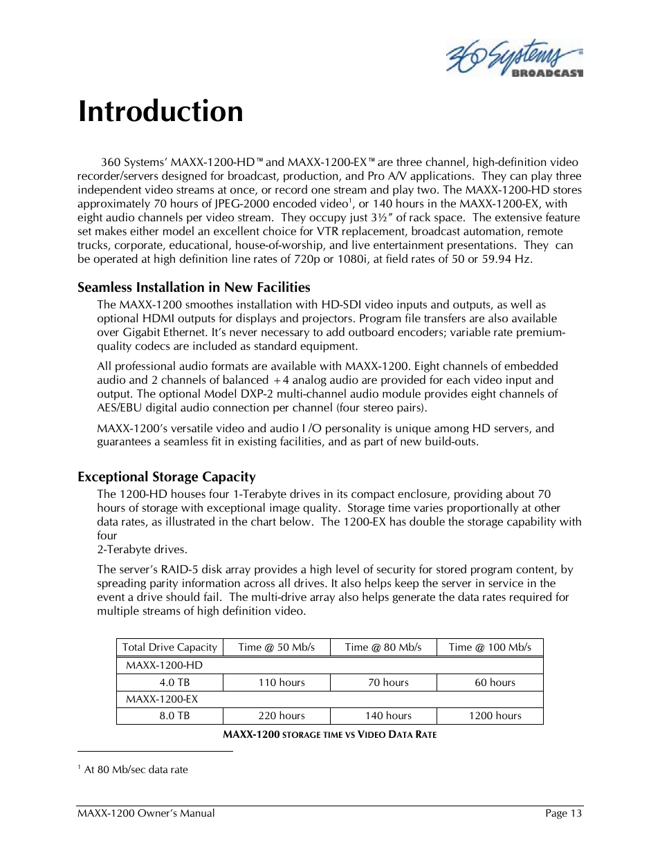 Introduction, Seamless installation in new facilities, Exceptional storage capacity | 360 Systems 1200HD-EX User Manual | Page 14 / 148