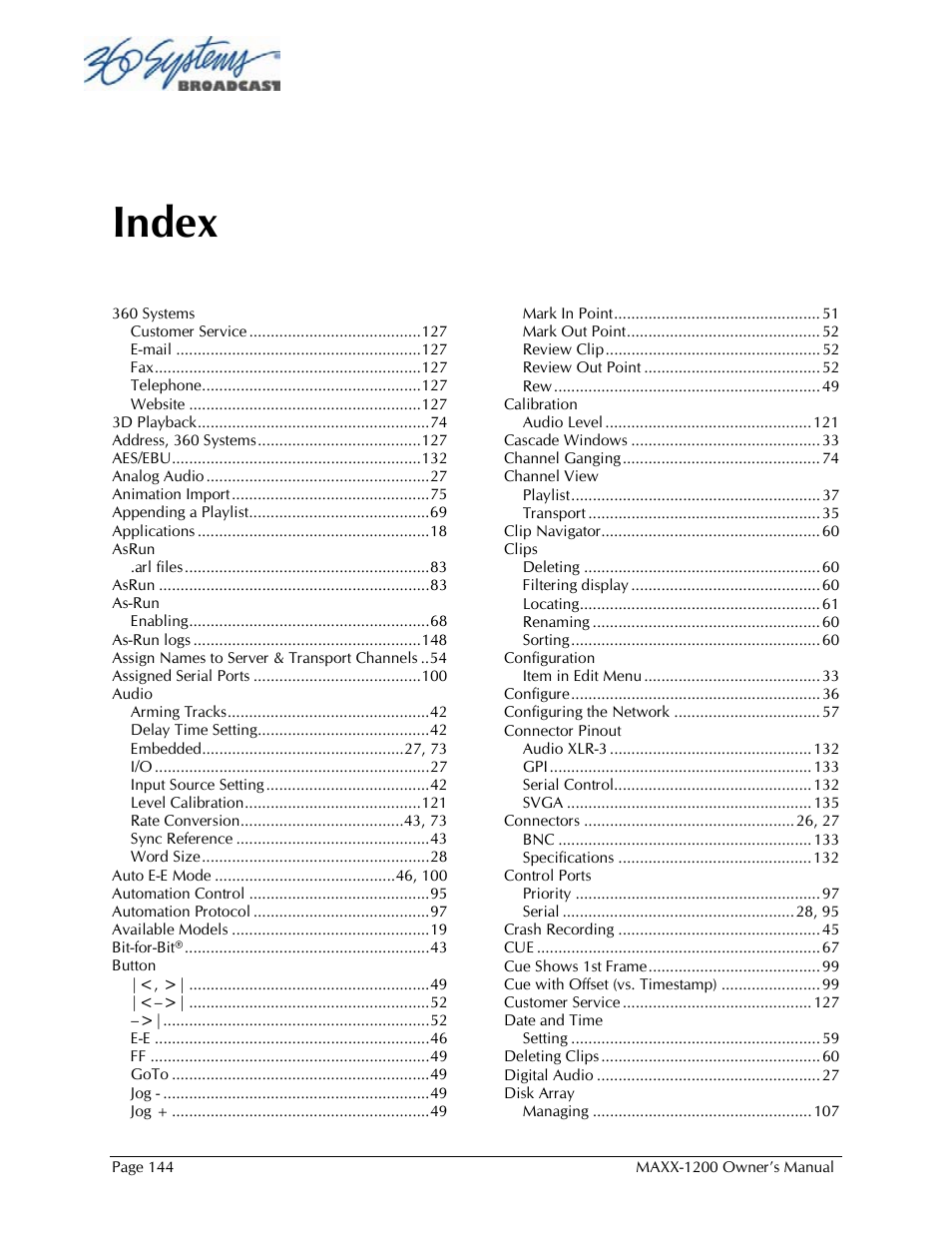 Index | 360 Systems 1200HD-EX User Manual | Page 145 / 148