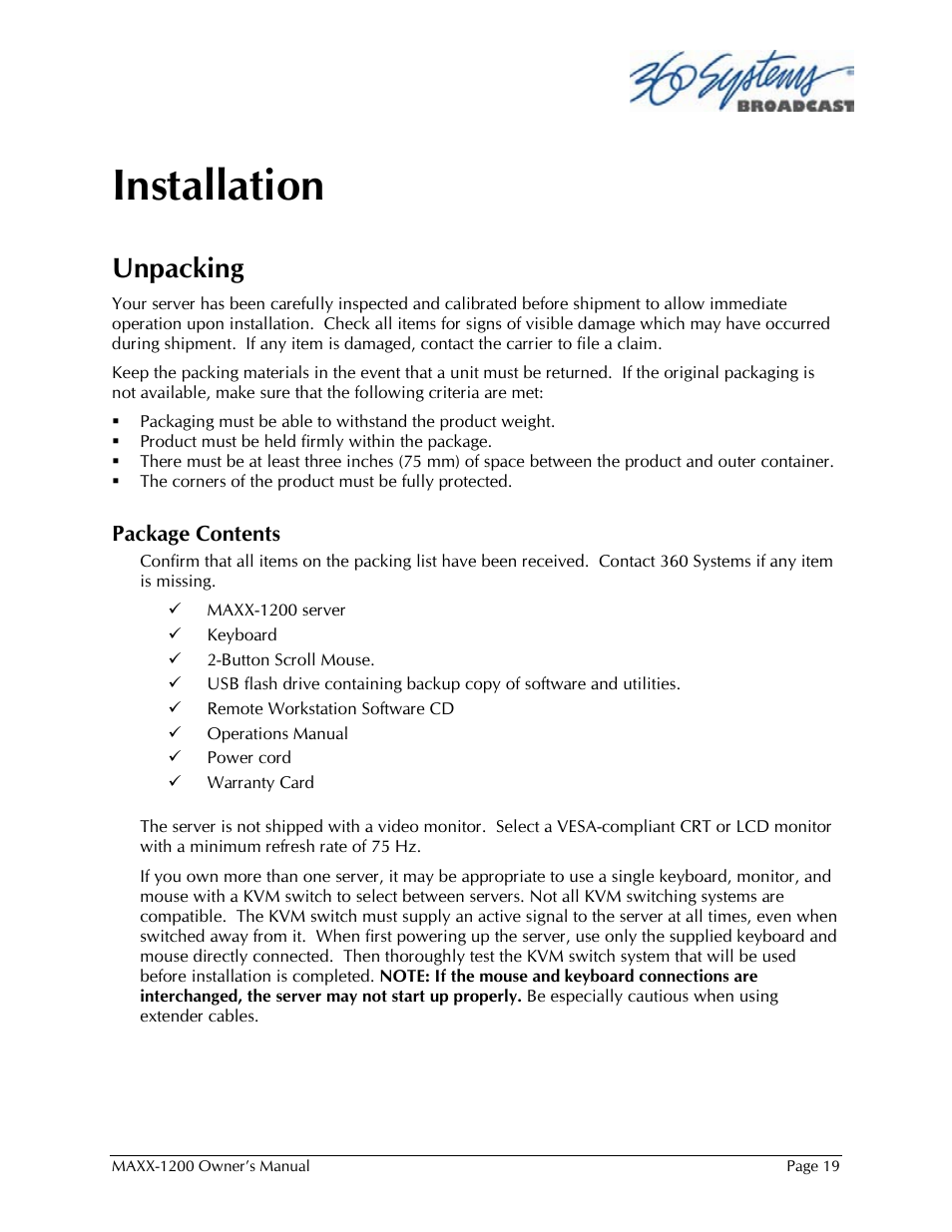 Installation, Unpacking | 360 Systems 1200HD-EX User Manual | Page 20 / 148