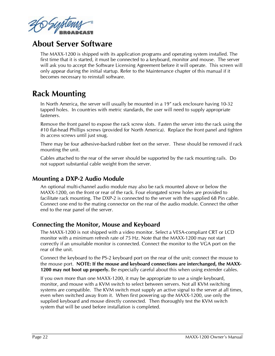 About server software, Rack mounting | 360 Systems 1200HD-EX User Manual | Page 23 / 148