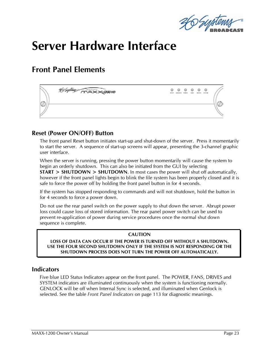 Server hardware interface, Front panel elements | 360 Systems 1200HD-EX User Manual | Page 24 / 148