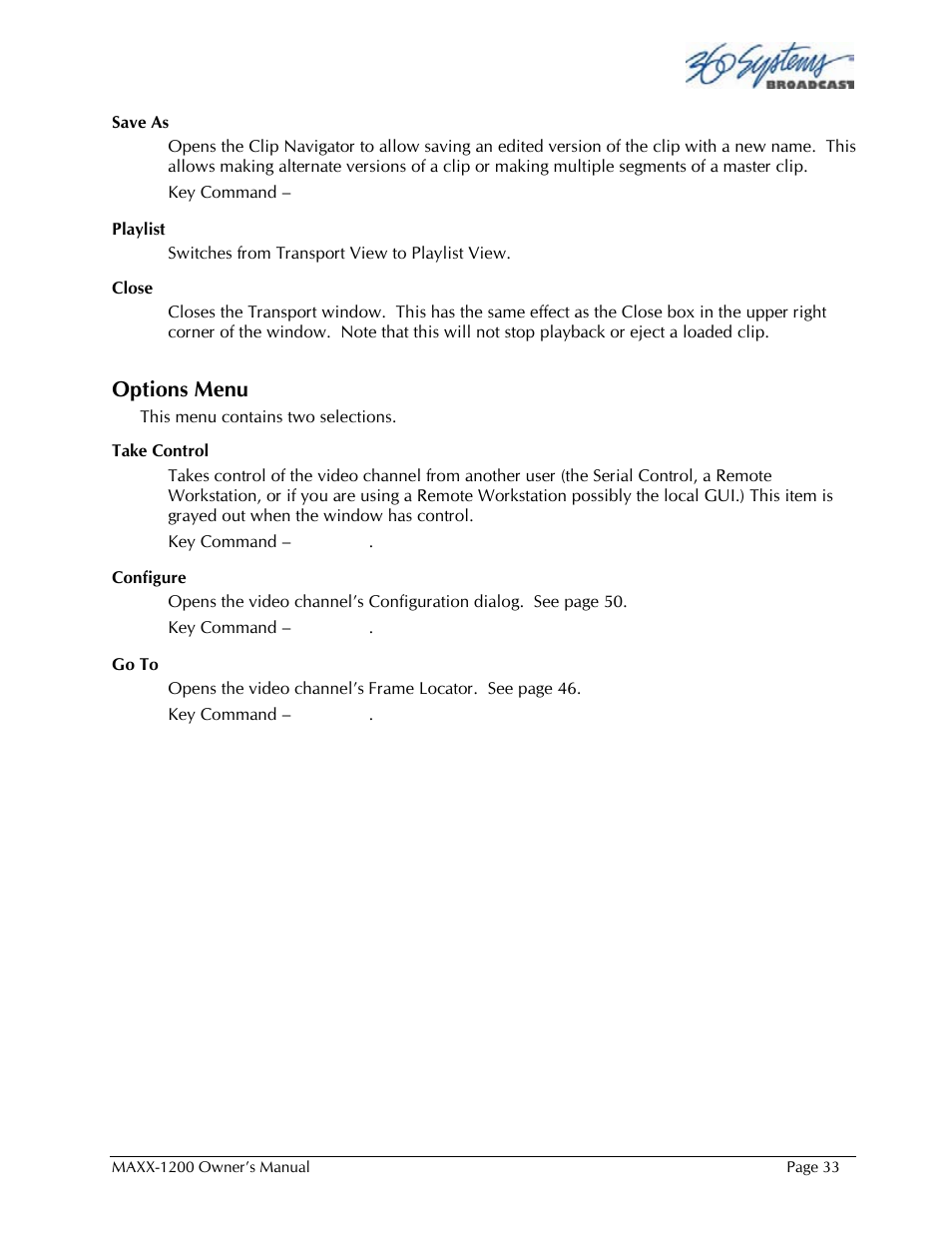 Options menu | 360 Systems 1200HD-EX User Manual | Page 34 / 148