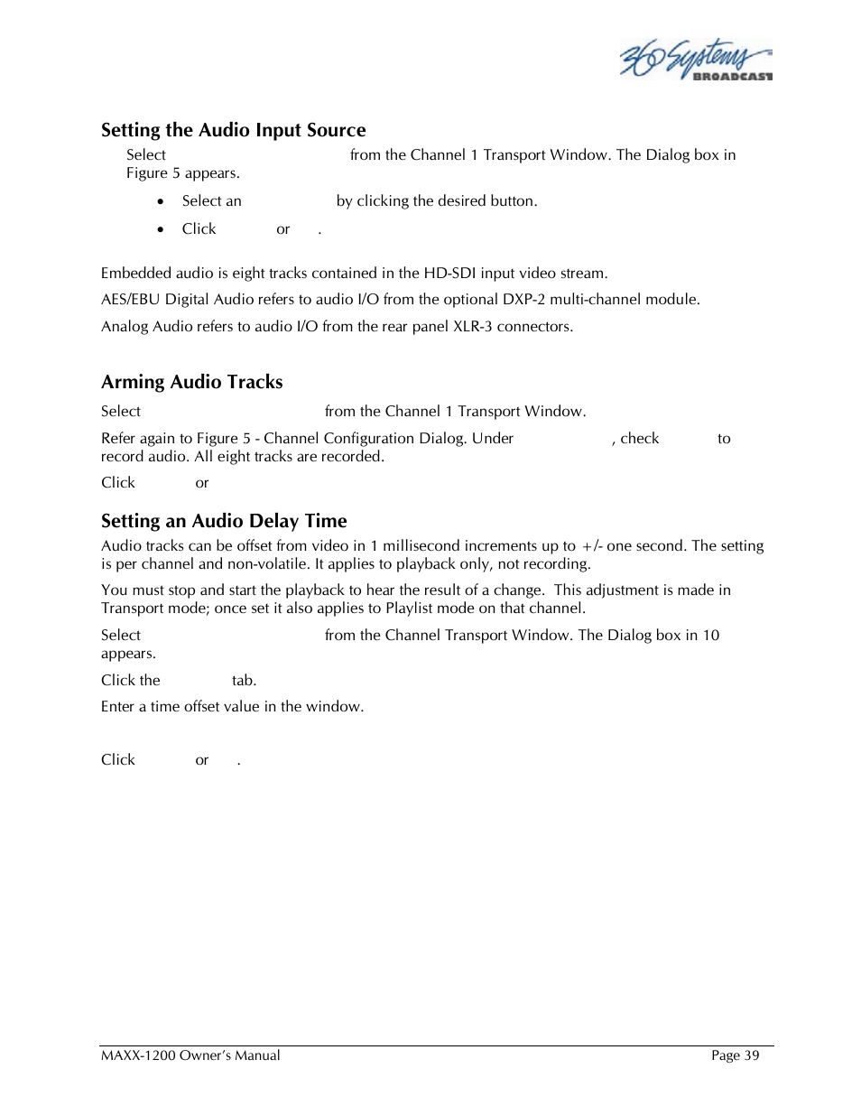 Setting the audio input source, Arming audio tracks, Setting an audio delay time | 360 Systems 1200HD-EX User Manual | Page 40 / 148