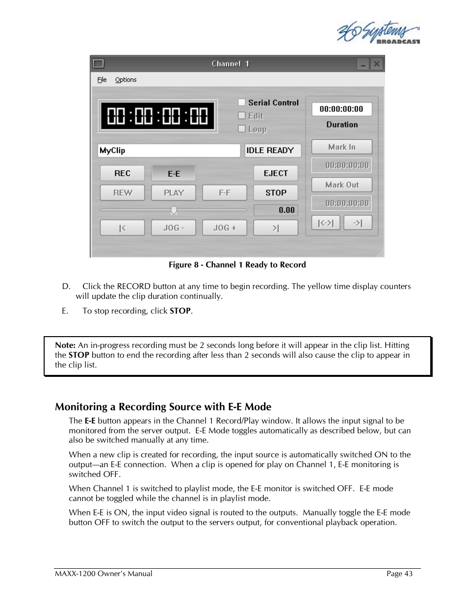 Monitoring a recording source with e-e mode | 360 Systems 1200HD-EX User Manual | Page 44 / 148