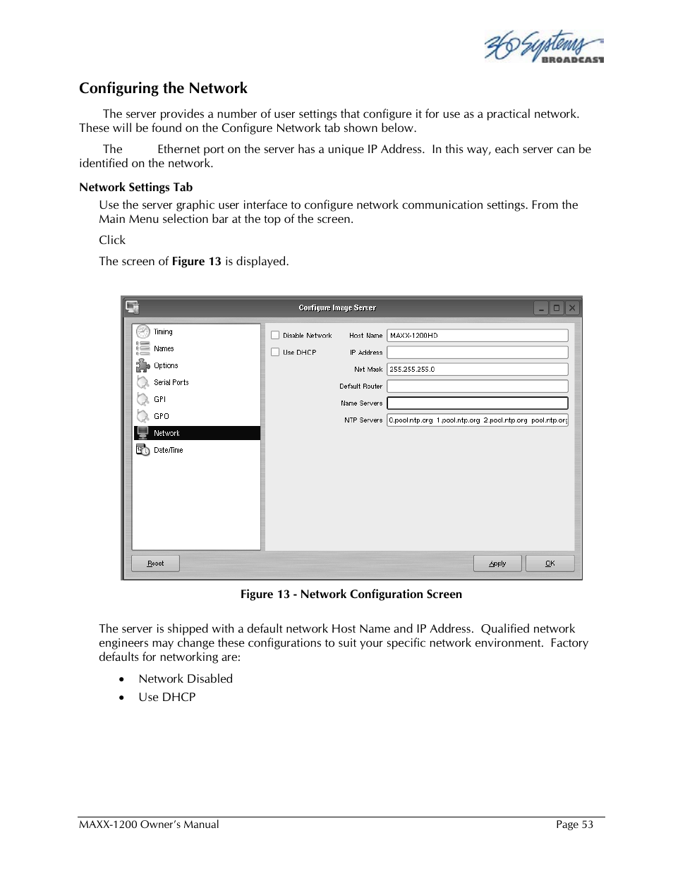 Configuring the network | 360 Systems 1200HD-EX User Manual | Page 54 / 148