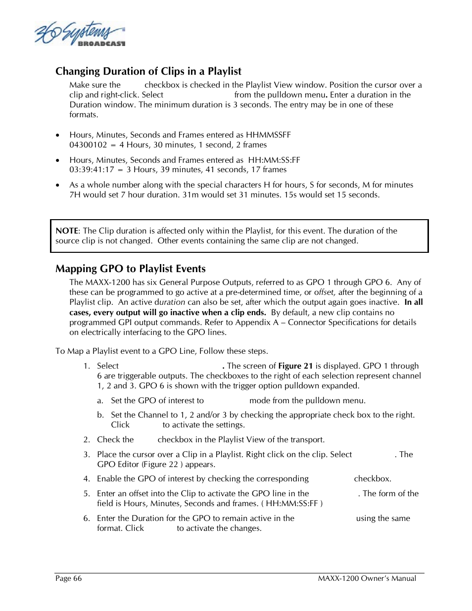 Changing duration of clips in a playlist, Mapping gpo to playlist events | 360 Systems 1200HD-EX User Manual | Page 67 / 148