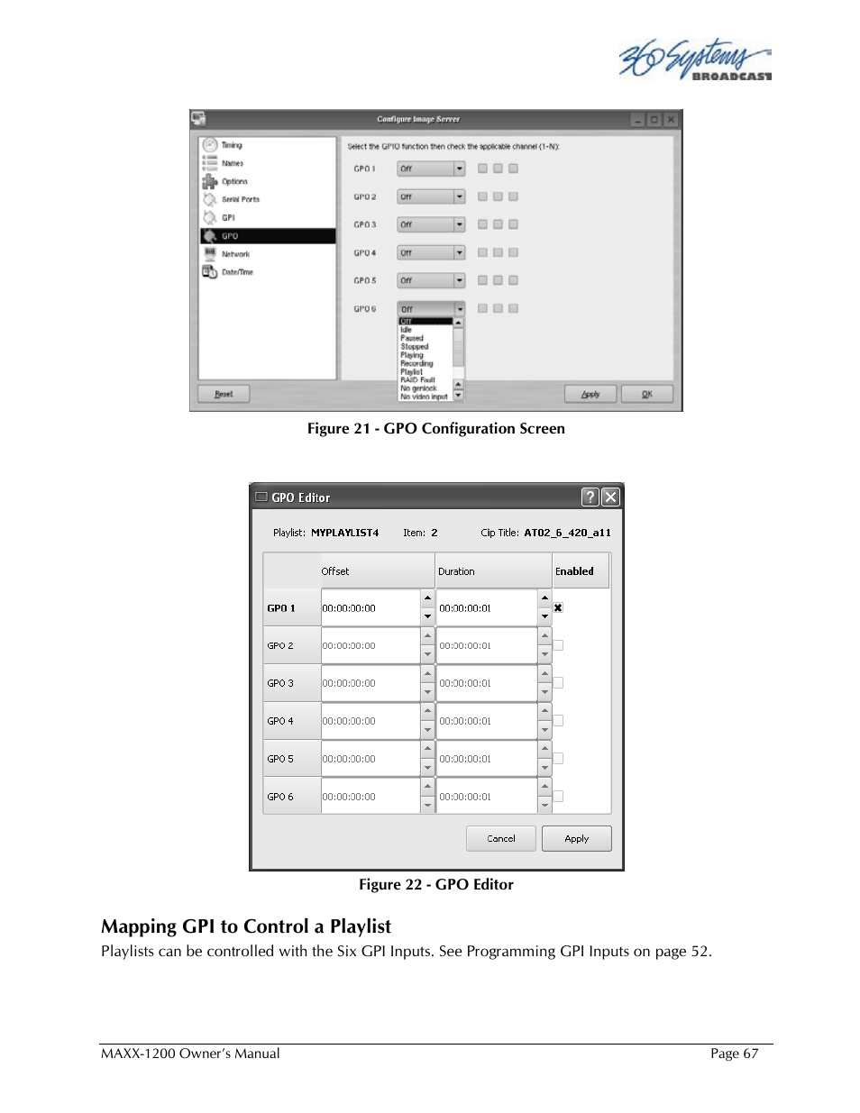 Mapping gpi to control a playlist | 360 Systems 1200HD-EX User Manual | Page 68 / 148