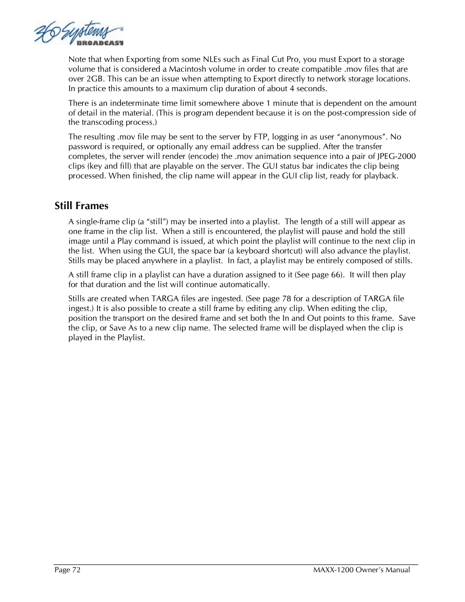 Still frames | 360 Systems 1200HD-EX User Manual | Page 73 / 148