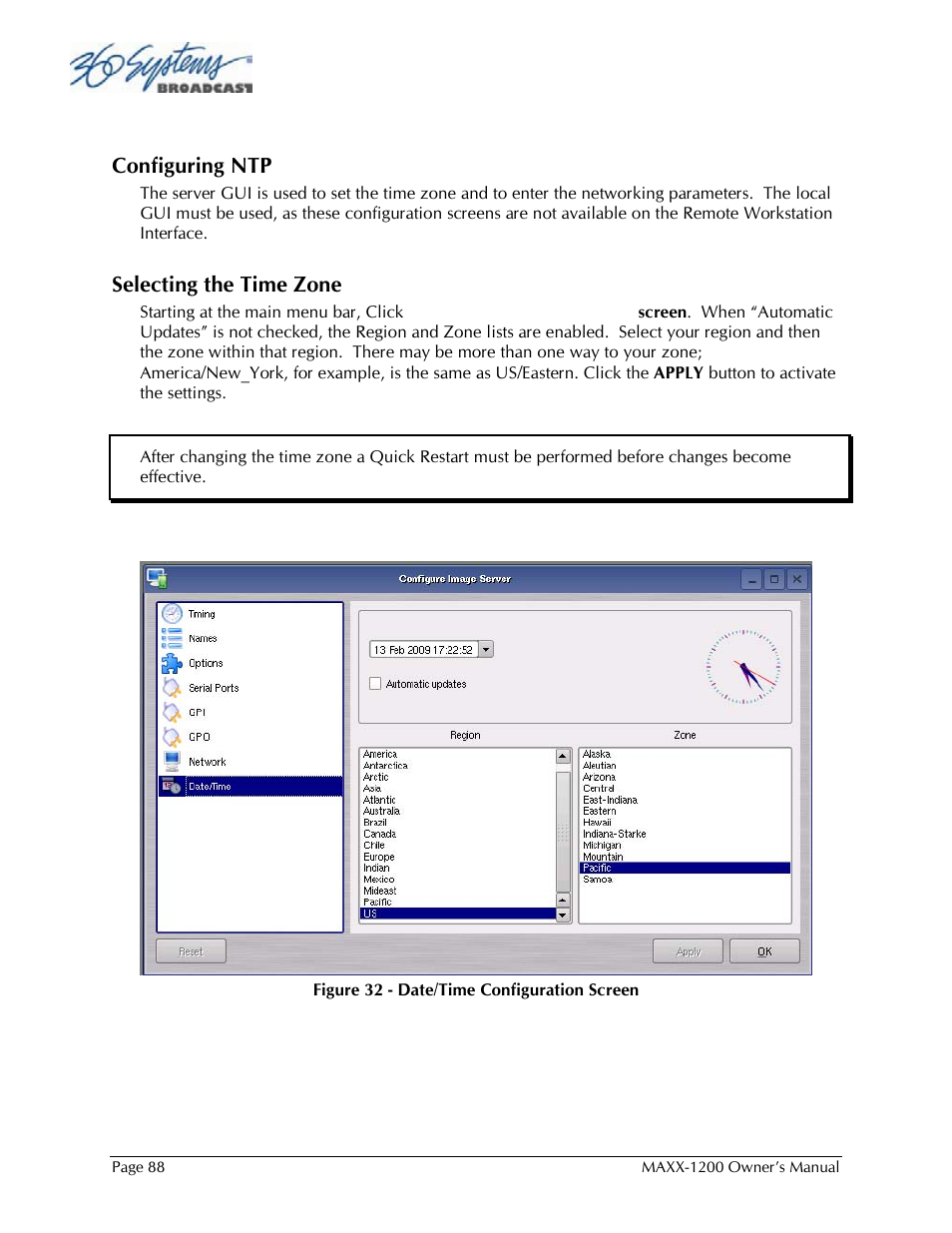 Configuring ntp, Selecting the time zone | 360 Systems 1200HD-EX User Manual | Page 89 / 148