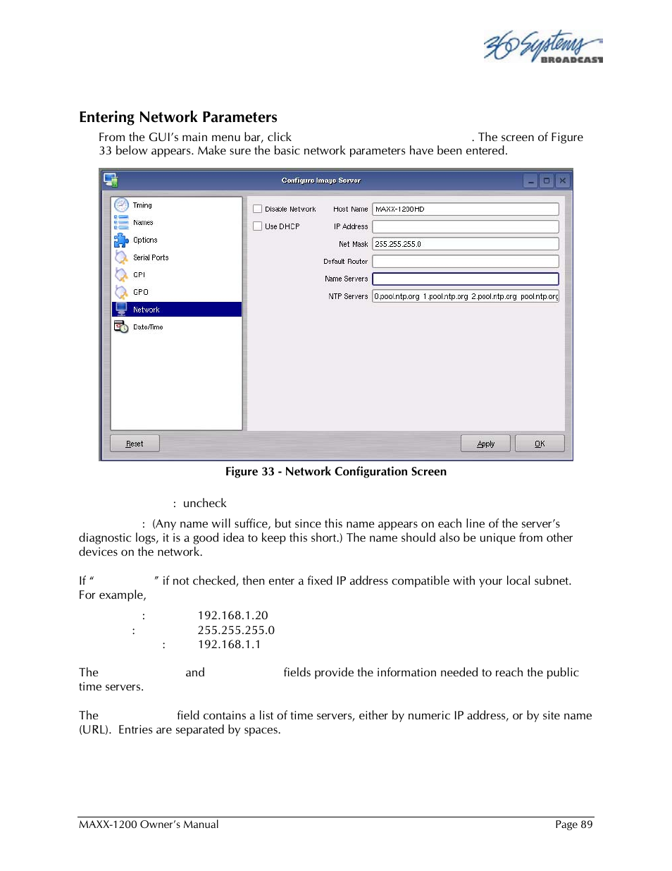 Entering network parameters | 360 Systems 1200HD-EX User Manual | Page 90 / 148