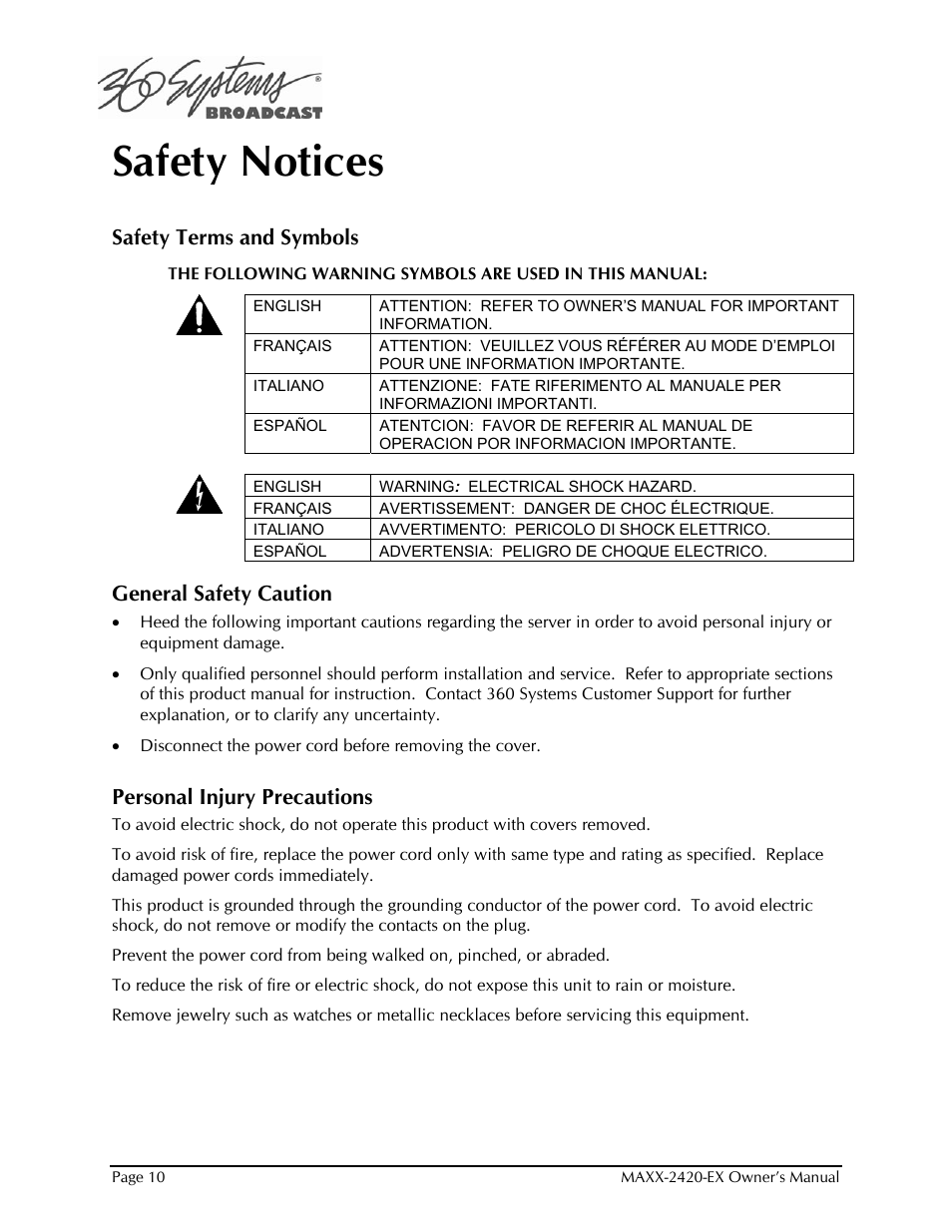 Safety notices, Safety terms and symbols, General safety caution | Personal injury precautions | 360 Systems MAXX-2420EX User Manual | Page 10 / 148
