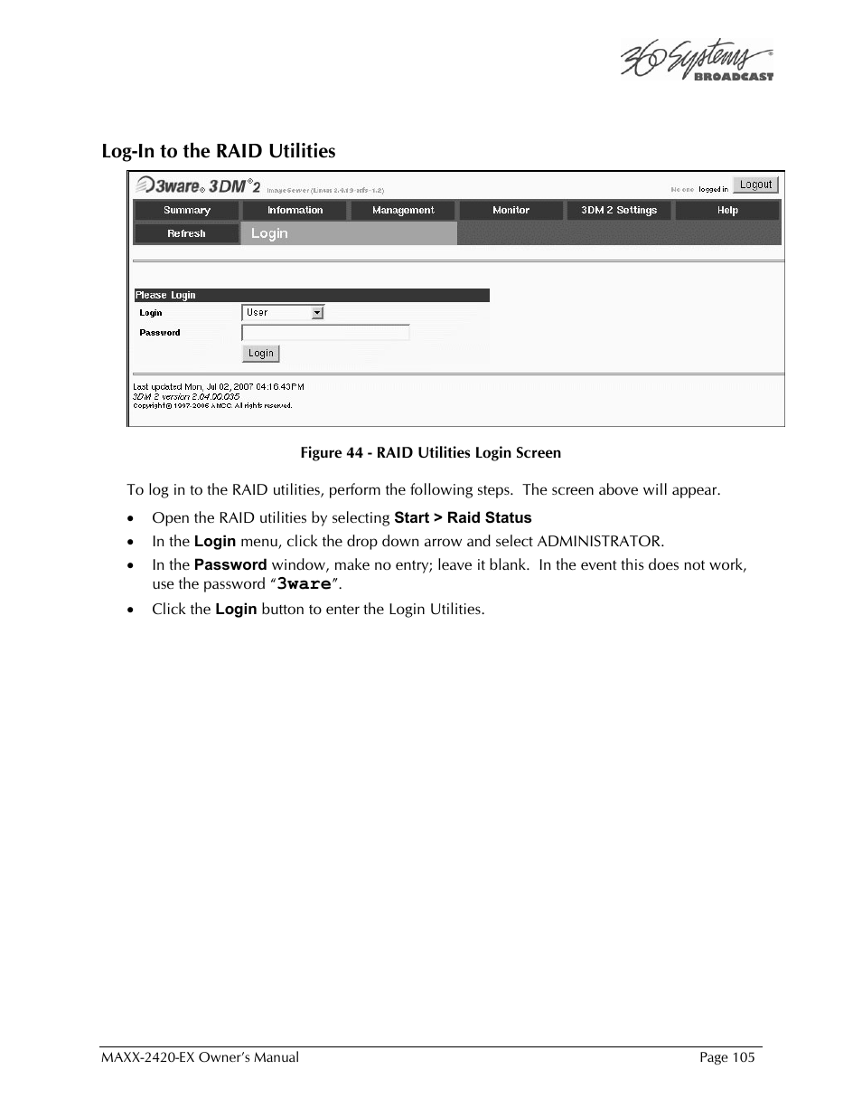 Log-in to the raid utilities | 360 Systems MAXX-2420EX User Manual | Page 105 / 148