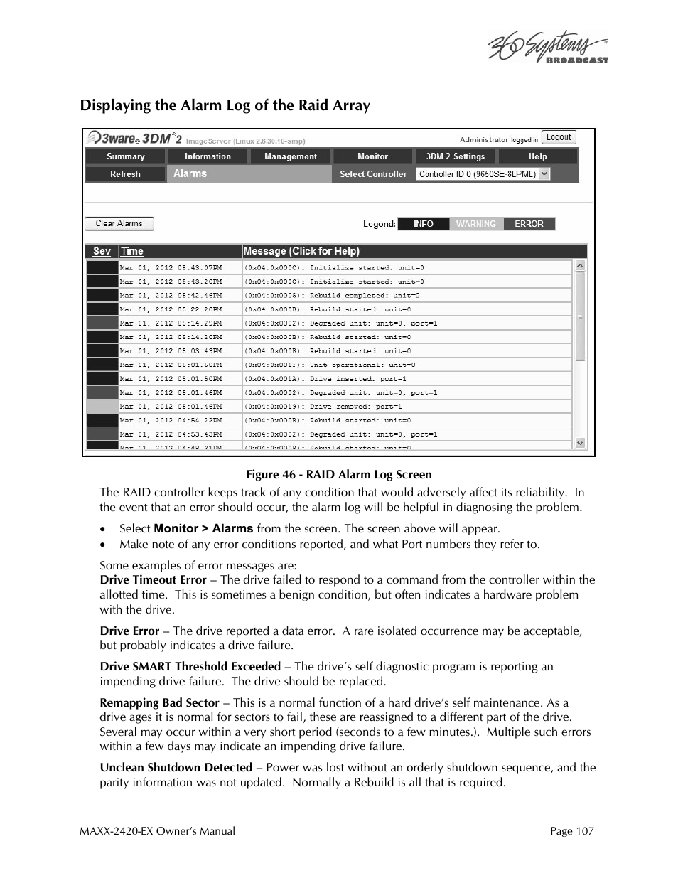 Displaying the alarm log of the raid array | 360 Systems MAXX-2420EX User Manual | Page 107 / 148