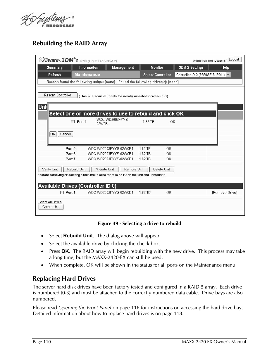 Rebuilding the raid array, Replacing hard drives | 360 Systems MAXX-2420EX User Manual | Page 110 / 148