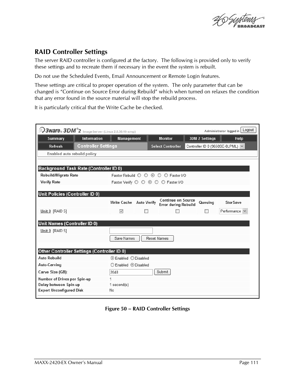 Raid controller settings | 360 Systems MAXX-2420EX User Manual | Page 111 / 148