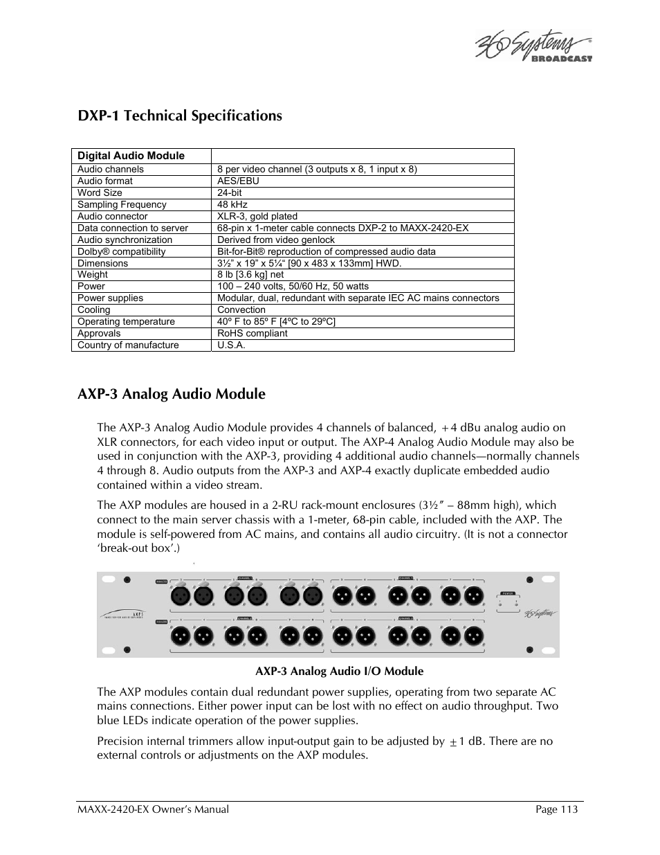 Dxp-1 technical specifications, Axp-3 analog audio module | 360 Systems MAXX-2420EX User Manual | Page 113 / 148