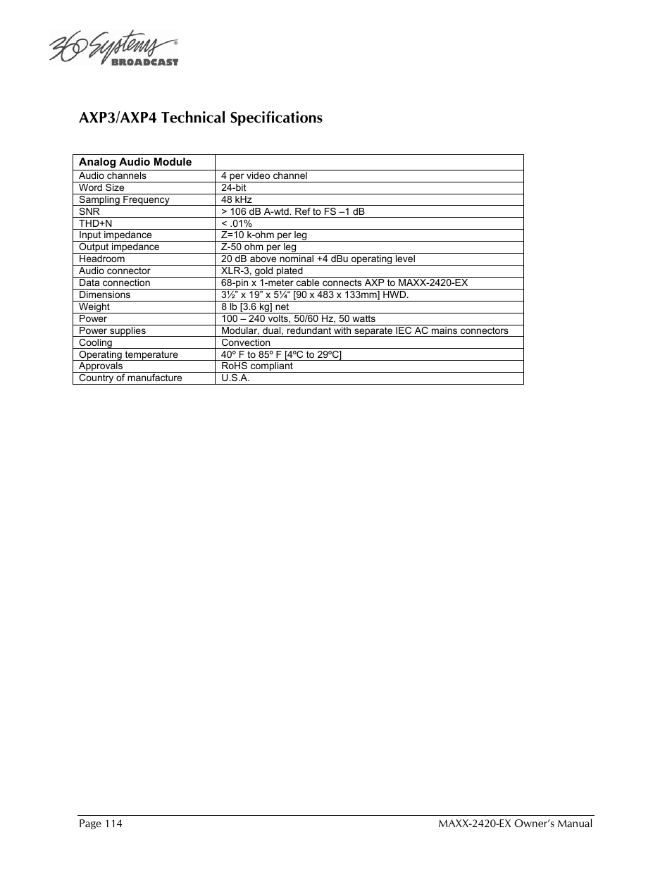 Axp3/axp4 technical specifications | 360 Systems MAXX-2420EX User Manual | Page 114 / 148