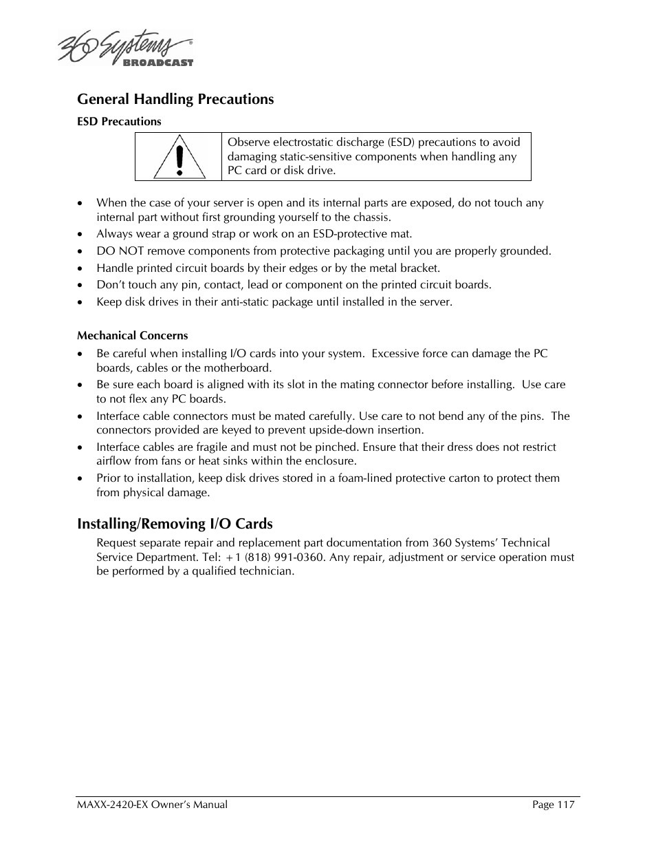 General handling precautions, Installing/removing i/o cards | 360 Systems MAXX-2420EX User Manual | Page 117 / 148