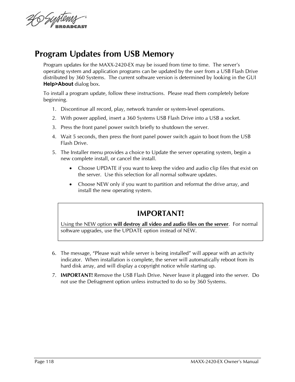 Important | 360 Systems MAXX-2420EX User Manual | Page 118 / 148