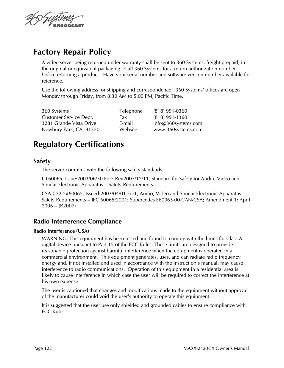Factory repair policy, Regulatory certifications | 360 Systems MAXX-2420EX User Manual | Page 122 / 148