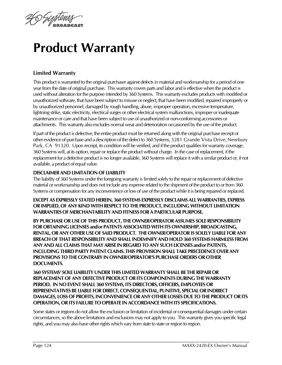 Product warranty | 360 Systems MAXX-2420EX User Manual | Page 124 / 148