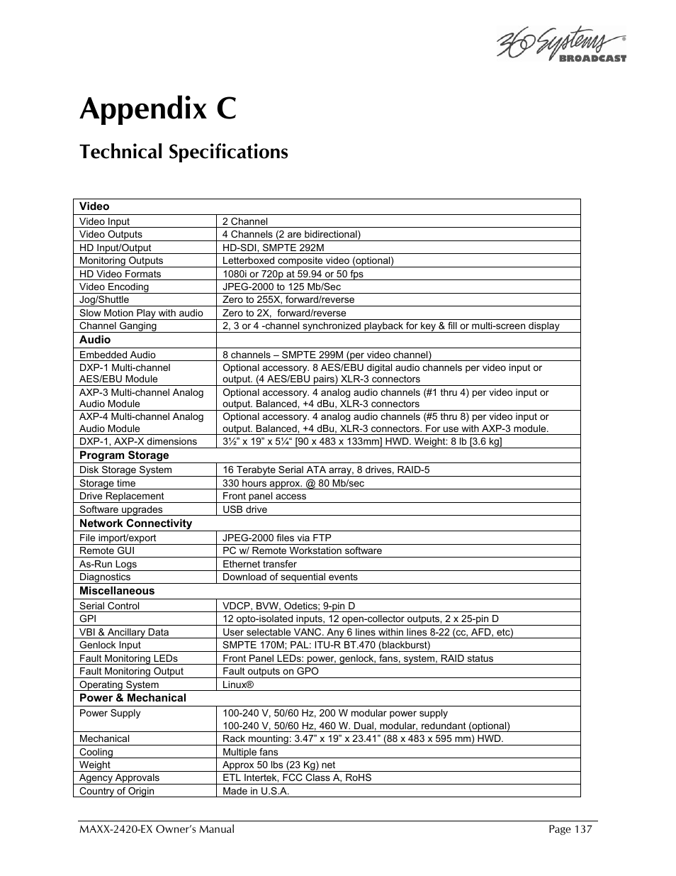 Appendix c, Technical specifications | 360 Systems MAXX-2420EX User Manual | Page 137 / 148