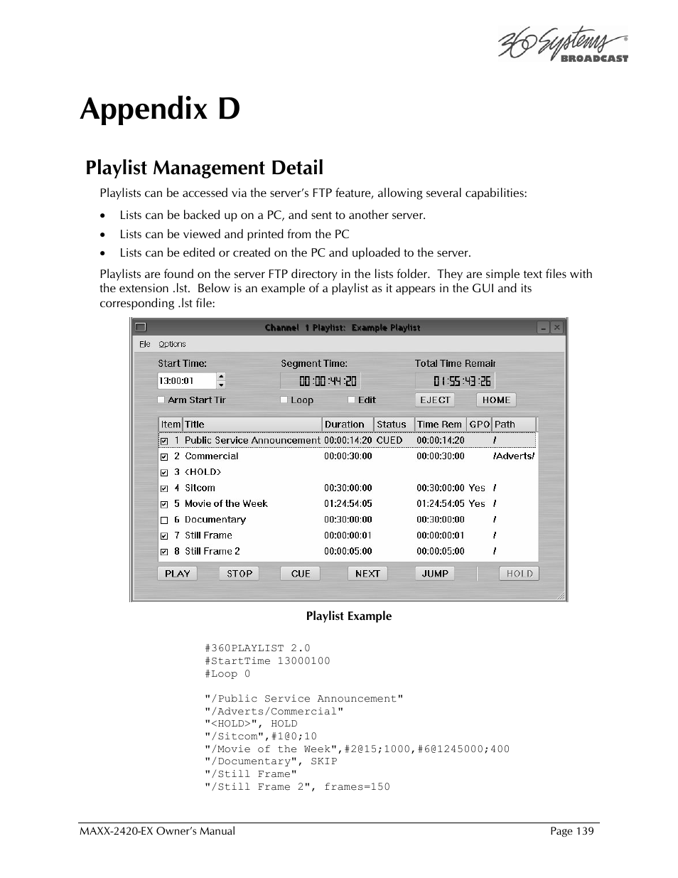 Appendix d, Playlist management detail | 360 Systems MAXX-2420EX User Manual | Page 139 / 148