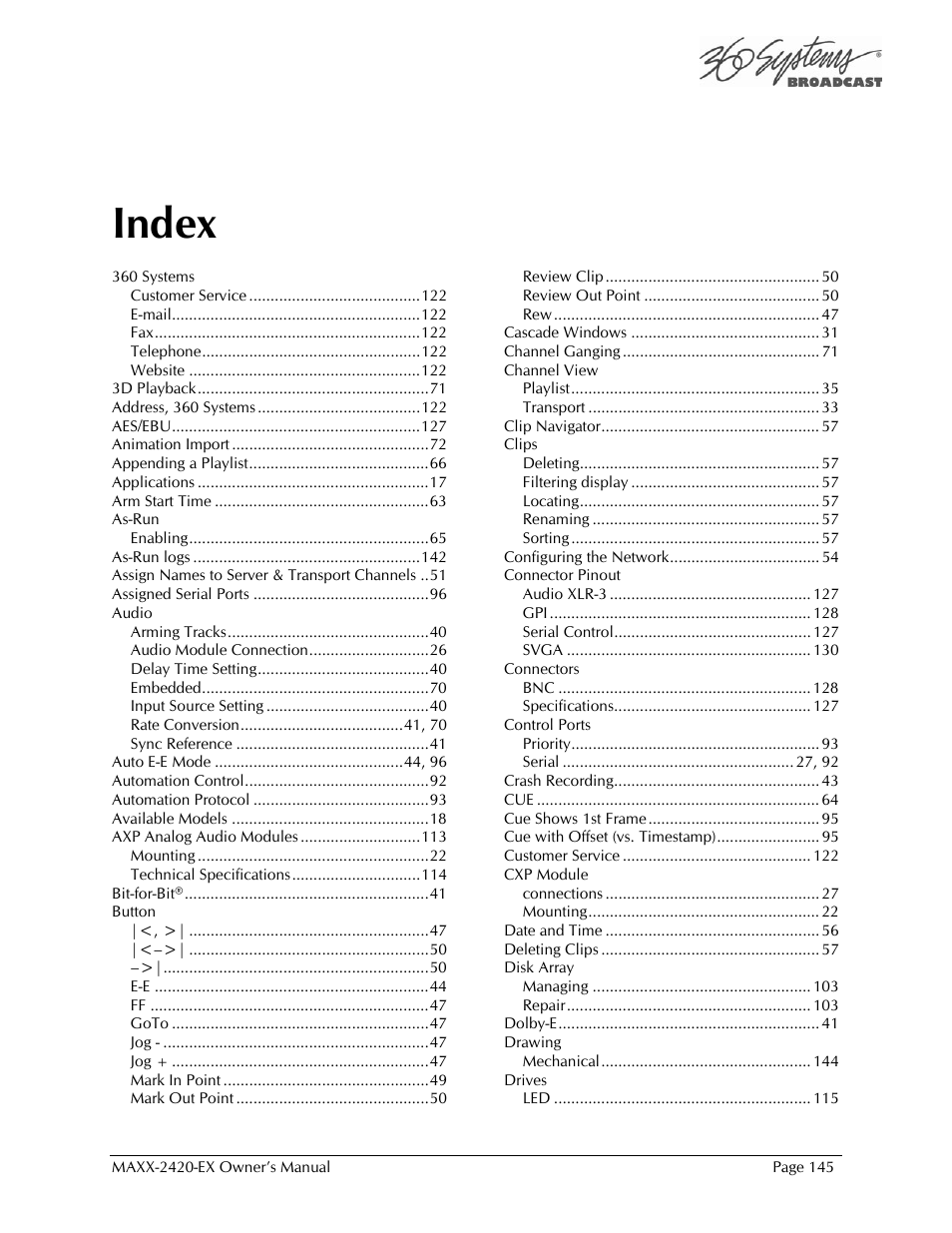 Index | 360 Systems MAXX-2420EX User Manual | Page 145 / 148