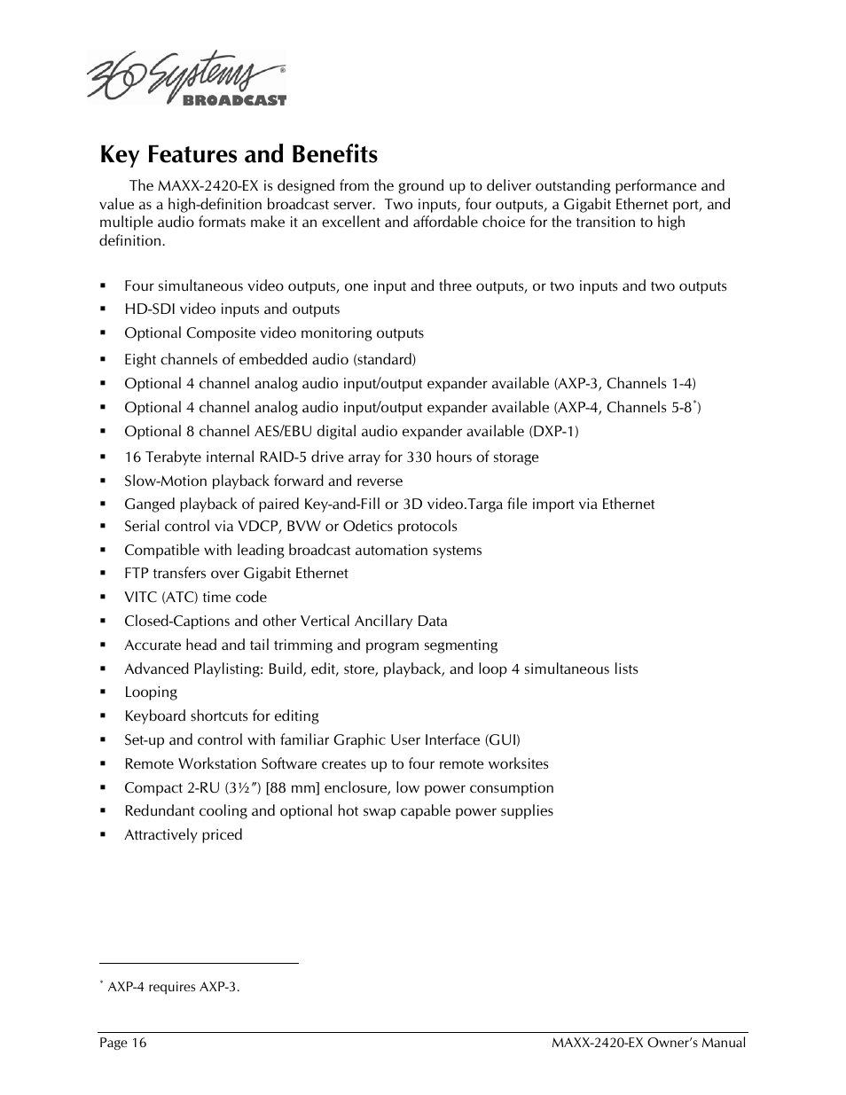 Key features and benefits | 360 Systems MAXX-2420EX User Manual | Page 16 / 148