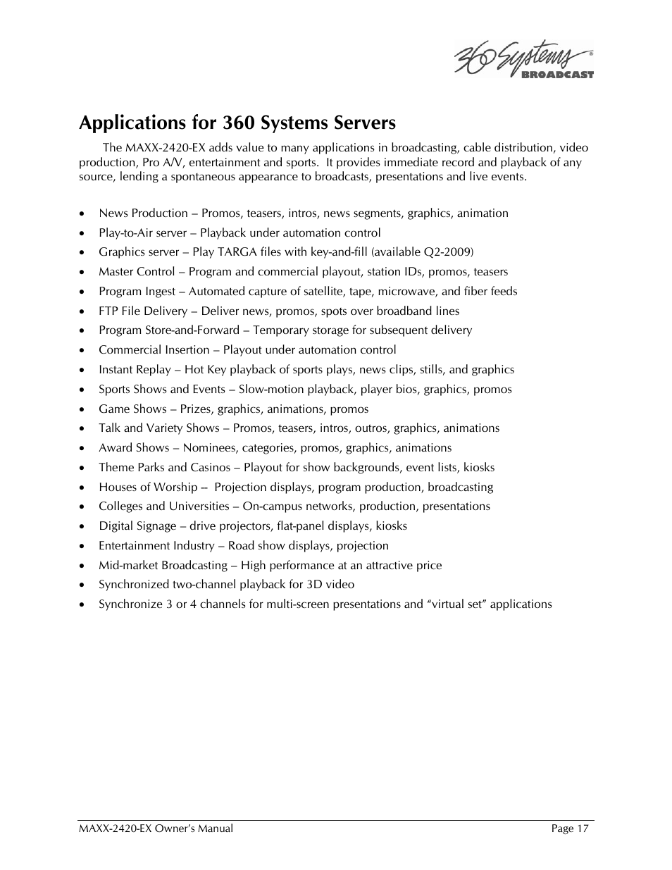 Applications for 360 systems servers | 360 Systems MAXX-2420EX User Manual | Page 17 / 148