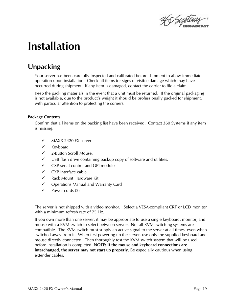 Installation, Unpacking | 360 Systems MAXX-2420EX User Manual | Page 19 / 148
