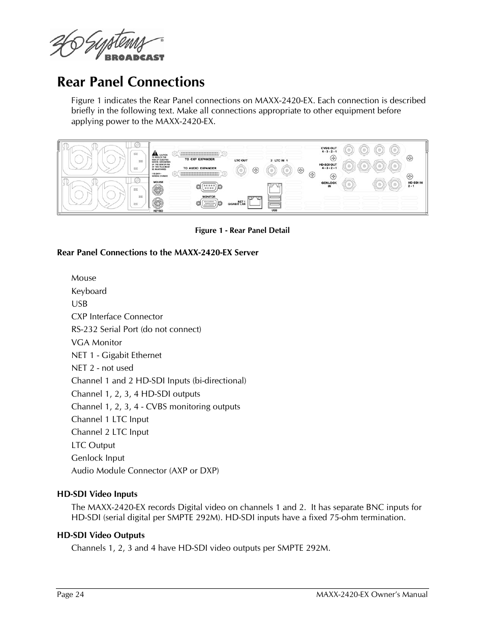 Rear panel connections | 360 Systems MAXX-2420EX User Manual | Page 24 / 148