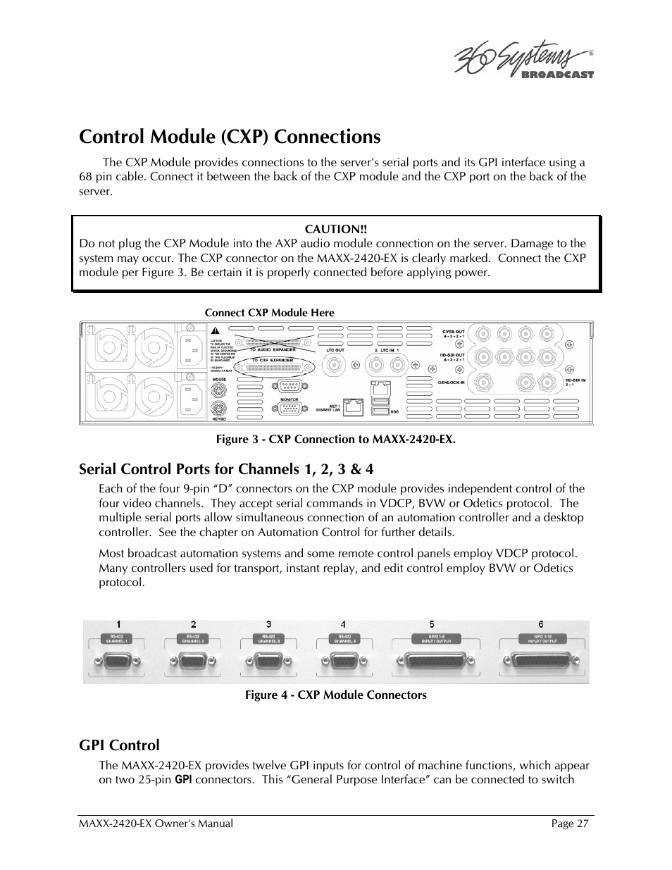 Control module (cxp) connections | 360 Systems MAXX-2420EX User Manual | Page 27 / 148