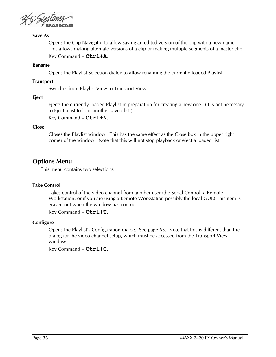 Options menu | 360 Systems MAXX-2420EX User Manual | Page 36 / 148