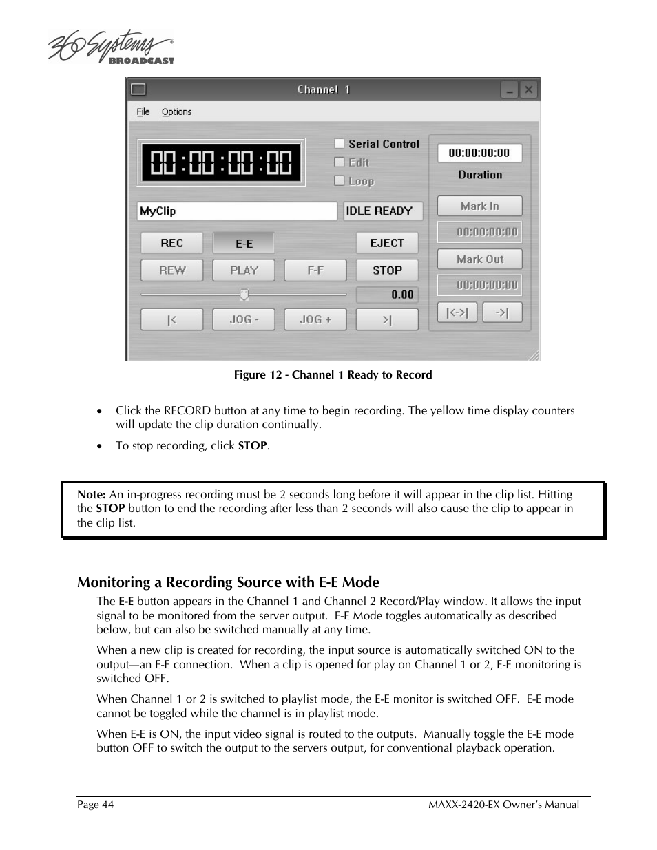 Monitoring a recording source with e-e mode | 360 Systems MAXX-2420EX User Manual | Page 44 / 148