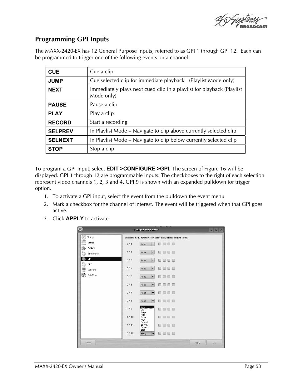 Programming gpi inputs | 360 Systems MAXX-2420EX User Manual | Page 53 / 148