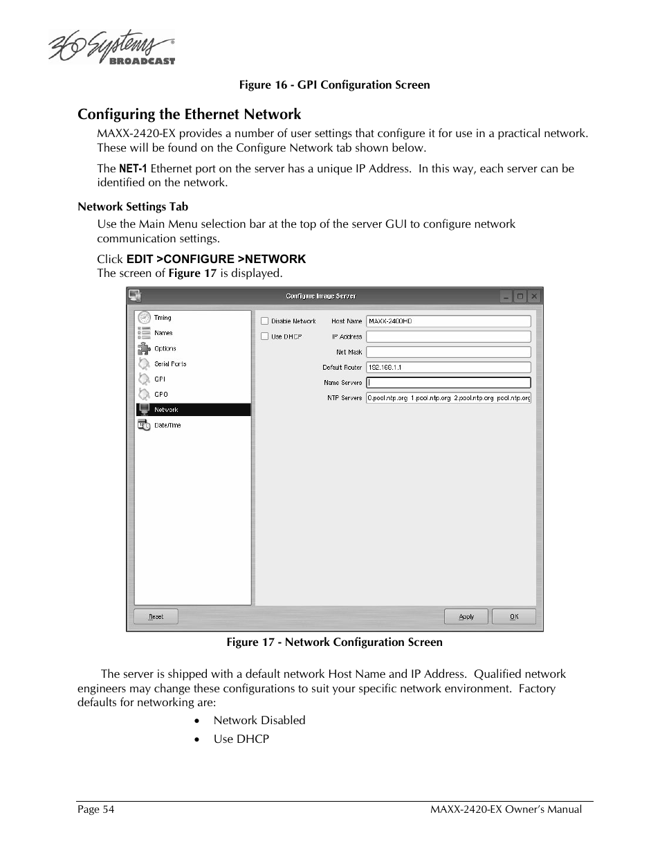 Configuring the ethernet network | 360 Systems MAXX-2420EX User Manual | Page 54 / 148