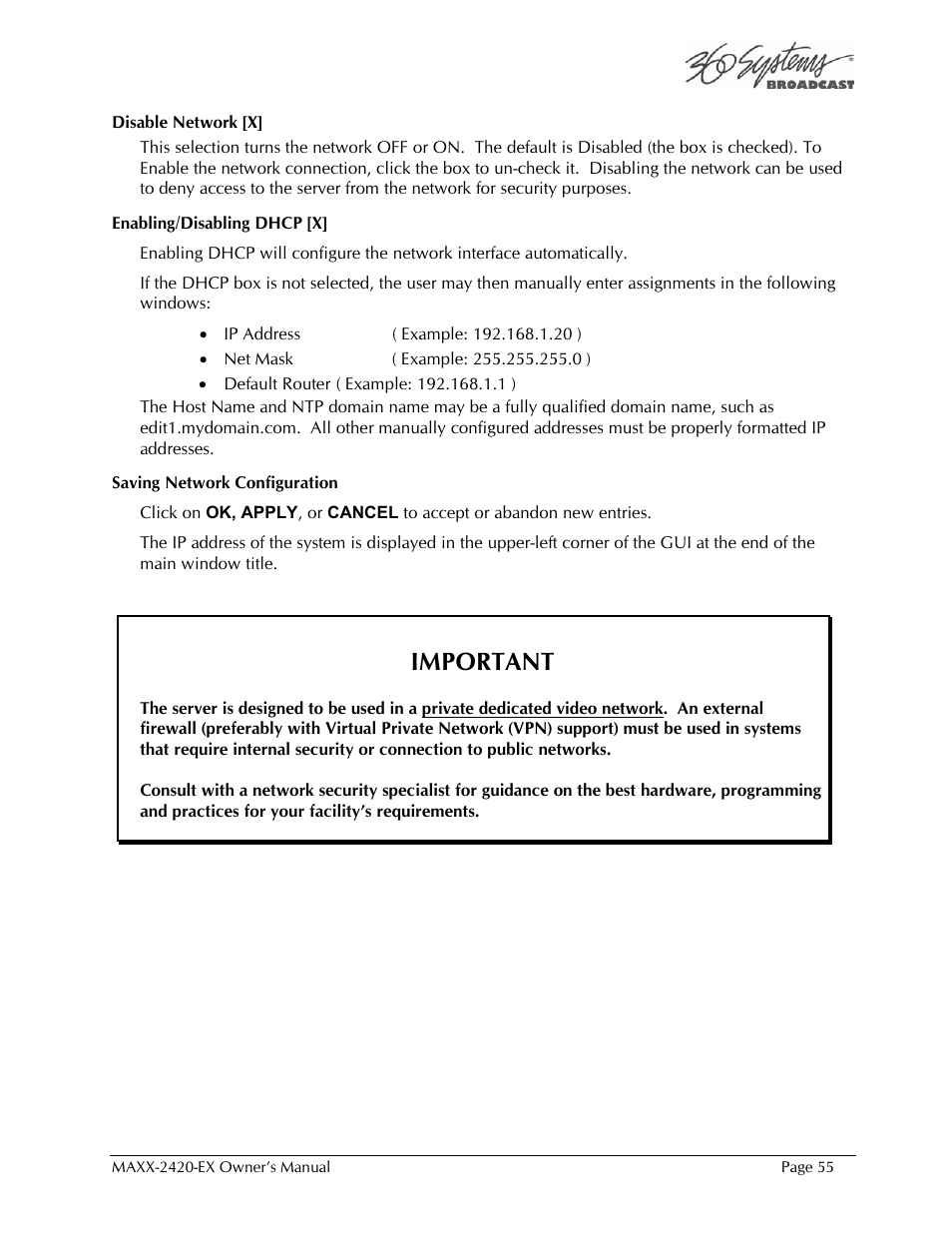 Important | 360 Systems MAXX-2420EX User Manual | Page 55 / 148