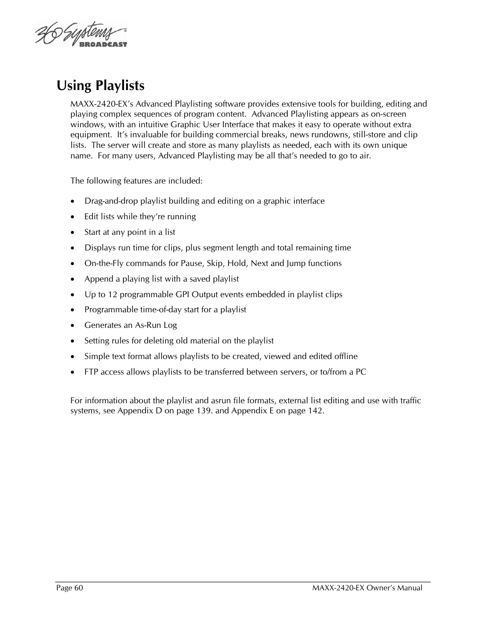 Using playlists | 360 Systems MAXX-2420EX User Manual | Page 60 / 148