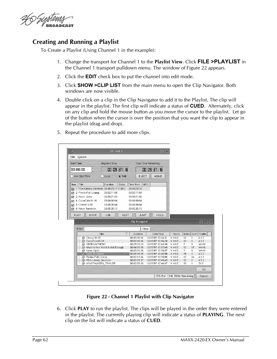 Creating and running a playlist | 360 Systems MAXX-2420EX User Manual | Page 62 / 148