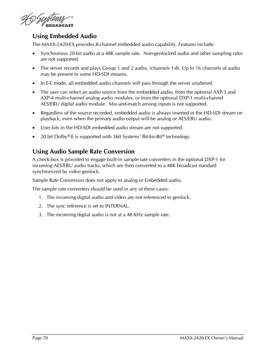 Using embedded audio, Using audio sample rate conversion | 360 Systems MAXX-2420EX User Manual | Page 70 / 148