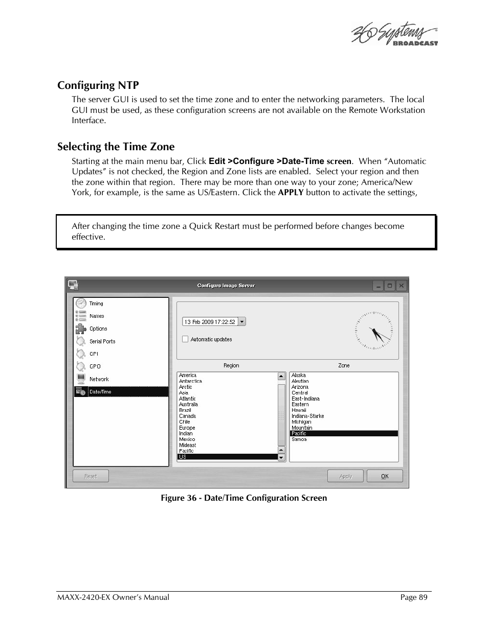 Configuring ntp, Selecting the time zone | 360 Systems MAXX-2420EX User Manual | Page 89 / 148