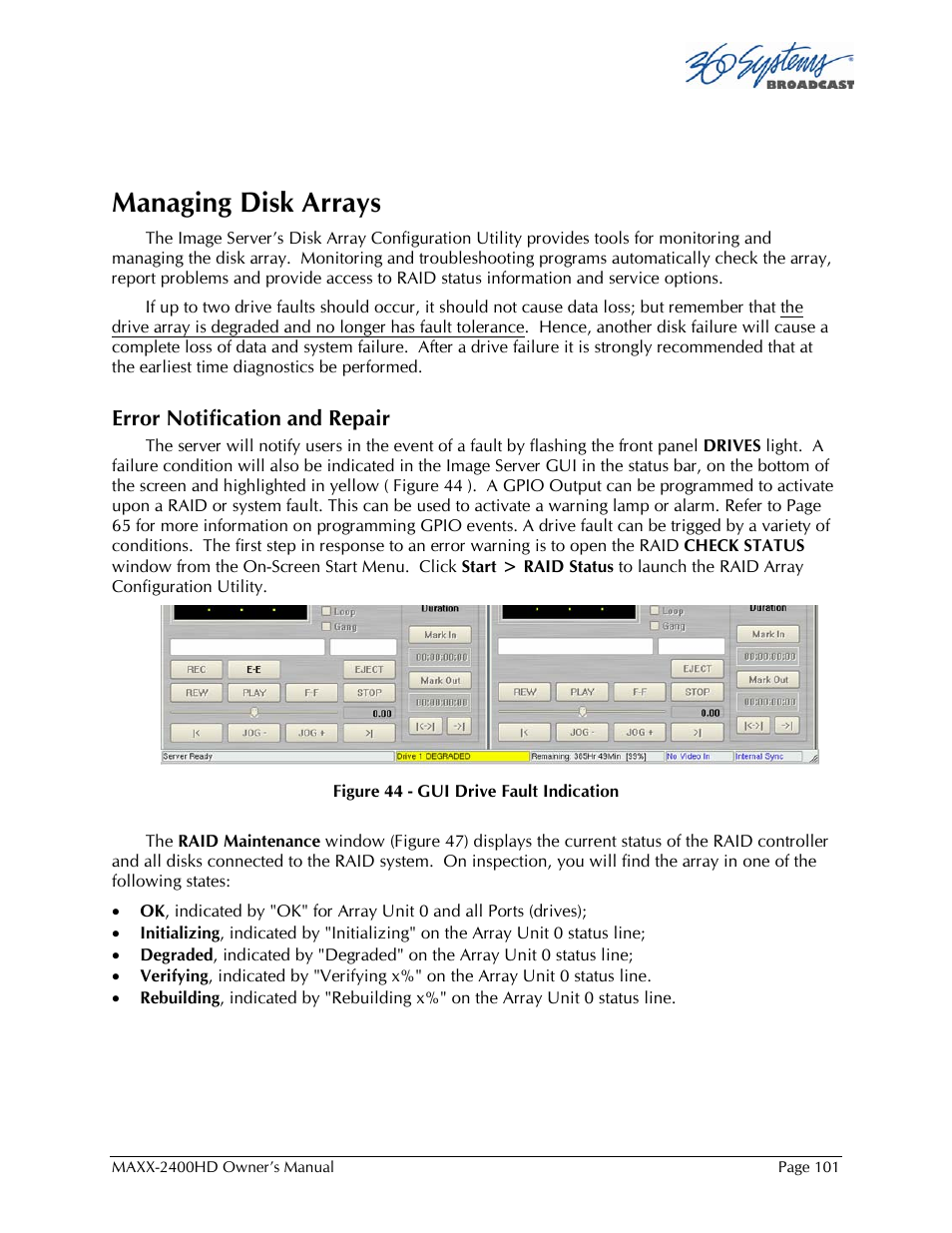 Managing disk arrays | 360 Systems MAXX2400HD User Manual | Page 102 / 148