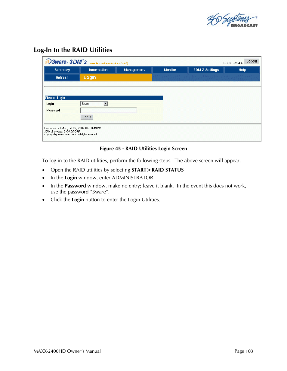 Log-in to the raid utilities | 360 Systems MAXX2400HD User Manual | Page 104 / 148