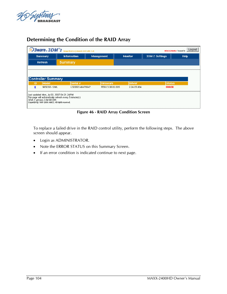 Determining the condition of the raid array | 360 Systems MAXX2400HD User Manual | Page 105 / 148