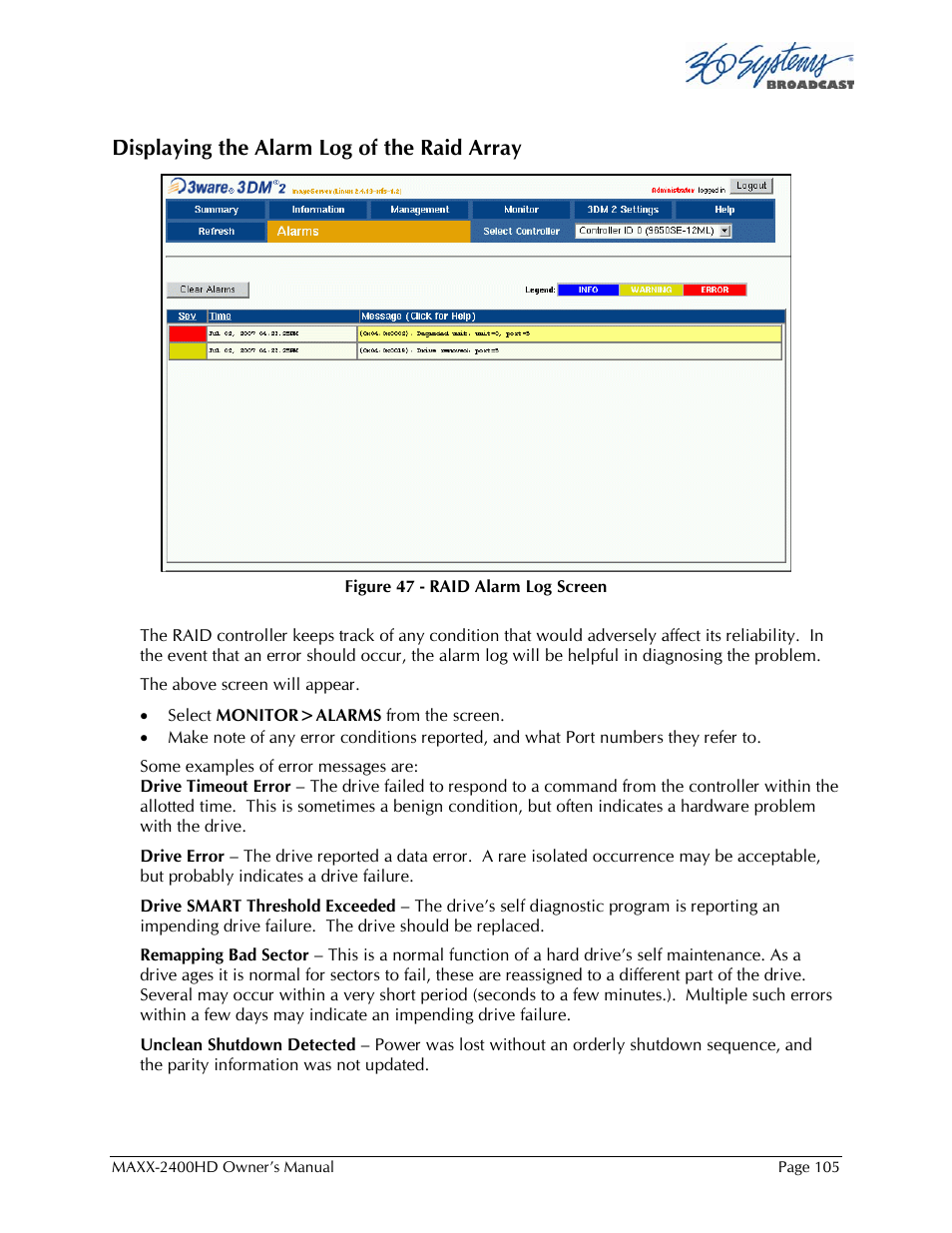 Displaying the alarm log of the raid array | 360 Systems MAXX2400HD User Manual | Page 106 / 148