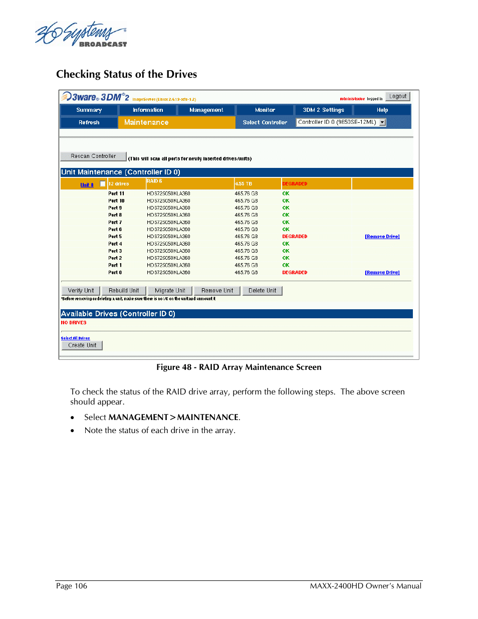 Checking status of the drives | 360 Systems MAXX2400HD User Manual | Page 107 / 148