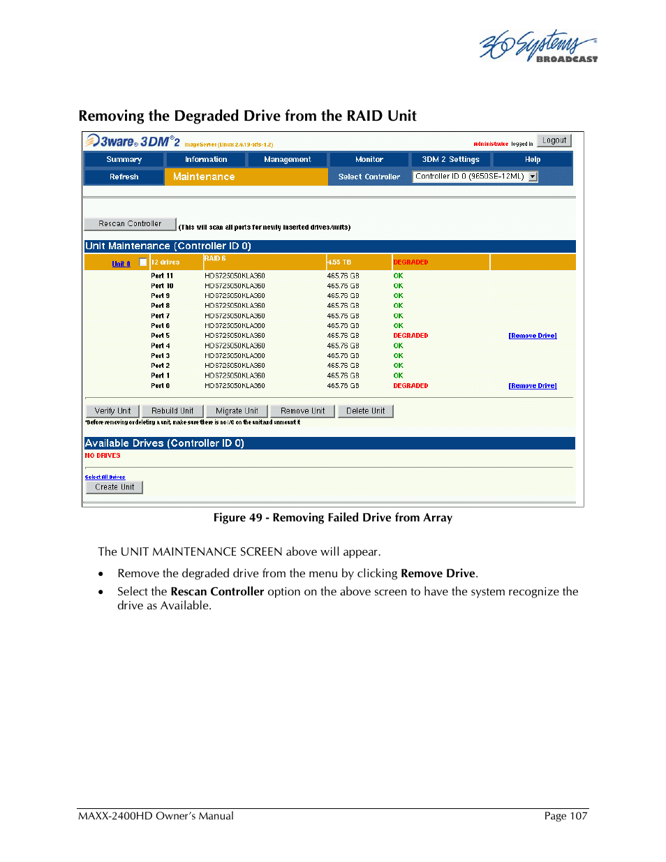 Removing the degraded drive from the raid unit | 360 Systems MAXX2400HD User Manual | Page 108 / 148