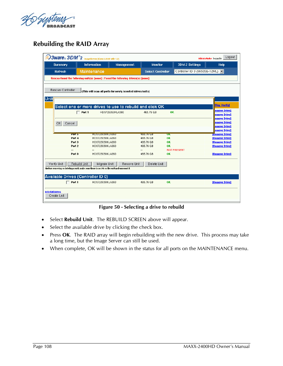 Rebuilding the raid array | 360 Systems MAXX2400HD User Manual | Page 109 / 148