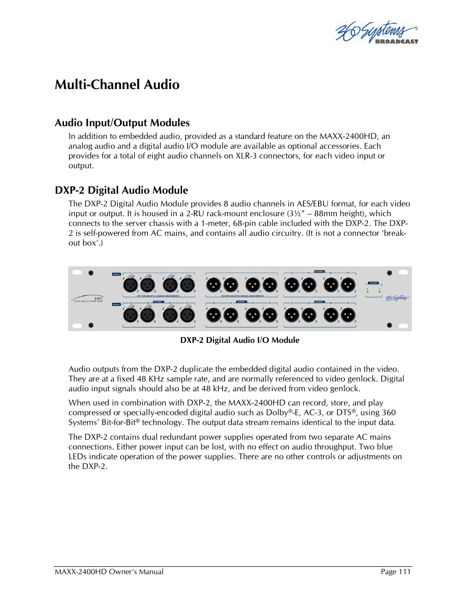 Multi-channel audio | 360 Systems MAXX2400HD User Manual | Page 112 / 148